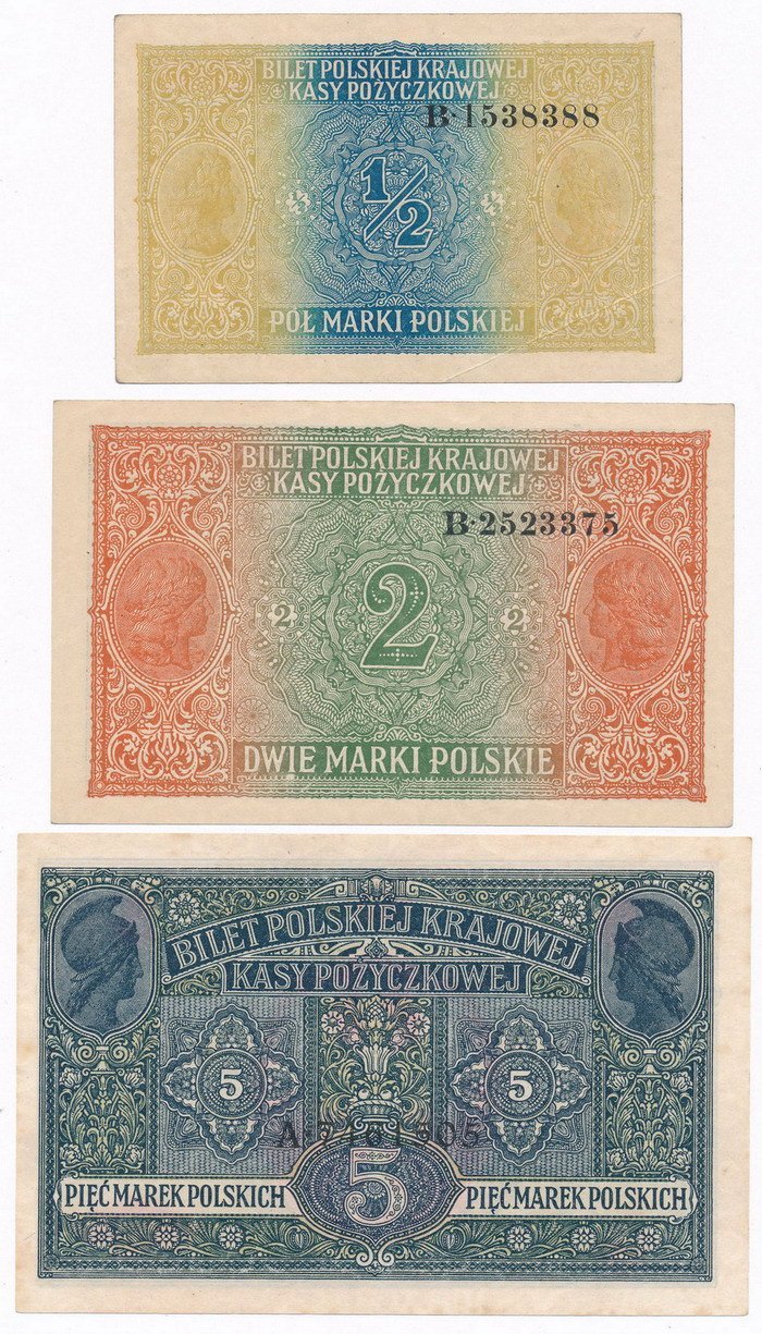Banknoty. Zestaw 1/2, 2 i 5 marek polskich 1916 „GENERAŁ”